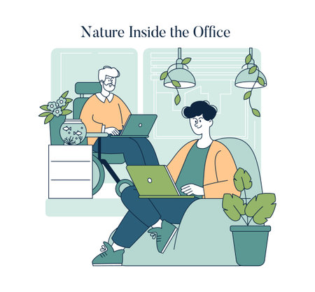 This illustration showcases a modern office environment that integrates nature, featuring two individuals working on laptops amid plants. It highlights the importance of greenery for productivity and well-being.のイラスト素材