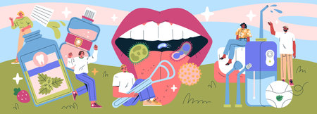 Vector illustration highlighting oral hygiene. Depicts a giant mouth, dental tools, and various hygiene products with people engaging in oral care activities. Emphasizes cleanliness and health.のイラスト素材