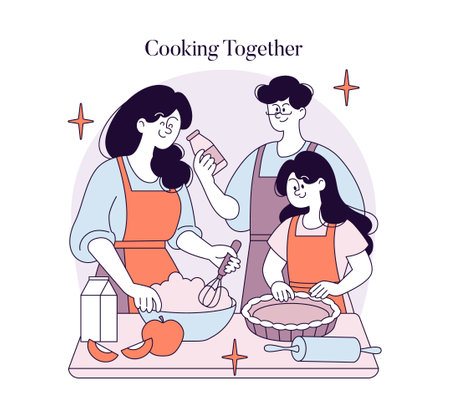 Mothers Day celebration illustrated through a family cooking together in a cozy kitchen. The joyful activities include baking and sharing delicious moments, emphasizing warmth and connection. Vector illustration.のイラスト素材