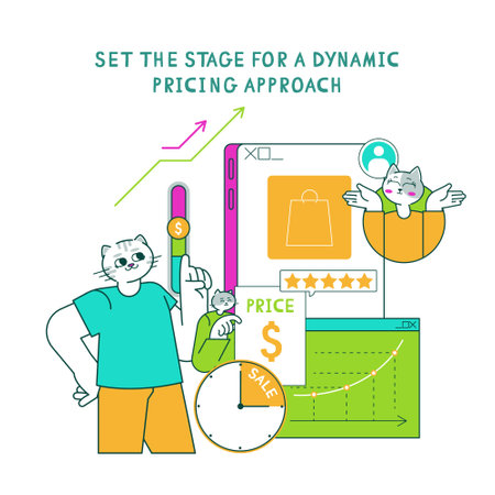 Dynamic pricing strategy illustration features creative cat characters engaging with digital interfaces and charts. Focus on price variation, sales metrics, and a playful approach to marketing tactics. Vector illustration.のイラスト素材
