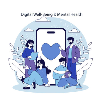 Digital well-being focuses on maintaining mental health in a technology-driven world. It emphasizes the balance between screen time and self-care, fostering healthy digital habits among users. Vector illustration.のイラスト素材