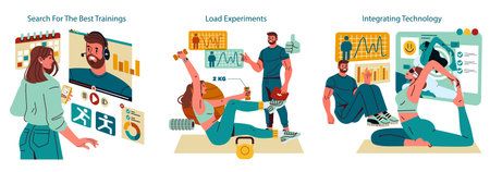 Personal Trainer set. Online individual sessions, modern fitness coaching, and workout tracking. Tablet and screens support strength exercises, flexibility training and professional sports advice. Vector illustration.のイラスト素材