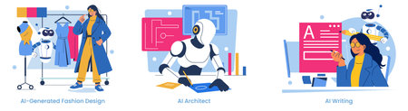 Vector illustration of AI innovations in fashion design, architecture, and writing. Includes a robot assisting a stylist, designing spaces, and writing content alongside a professional.のイラスト素材