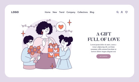 Mothers Day illustration featuring a mother receiving gifts from her children. The scene embodies love and appreciation, highlighting family bonds and the joy of celebrating mothers on this special day. Vector illustration.のイラスト素材