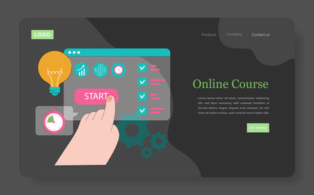 Online learning interface for digital courses. A user interacts with a screen showing key elements like a start button, progress indicators, and educational icons. Engaging and user-friendly design promotes e-learning accessibility.のイラスト素材