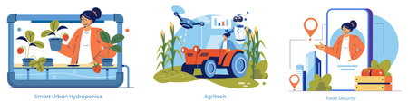 Vector illustration depicting smart urban hydroponics, advanced agritech with drones and robotics, and food security depicted by a cheerful person interacting with technology-driven agriculture.のイラスト素材