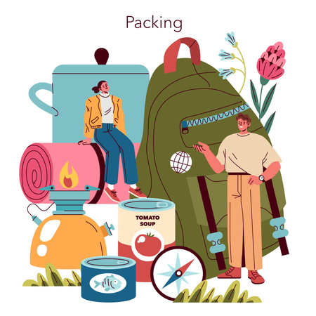 Illustration of packing gear for adventures, featuring backpacks, camping supplies, and outdoor essentials.のイラスト素材