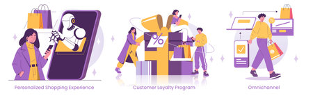 Vector illustration depicting personalized shopping with a robot assistant, customer loyalty programs, and omnichannel retail strategies. Features people interacting with technology and rewards.のイラスト素材