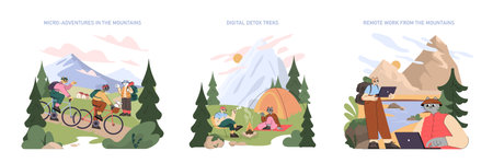 Mountain Tourism set. Outdoor enthusiasts explore mountain trails by bike, relax on digital detox trekking adventures, and enjoy remote work settings by serene lakes with scenic mountain backgrounds. Vector illustration.のイラスト素材