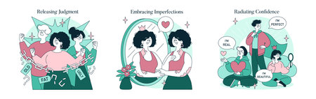 Psychology Of Self Acceptance set. Breaking free from judgment, embracing imperfections, and developing self-confidence. Authenticity, self-love, and positive mindset help people value themselves. Vector illustration.のイラスト素材