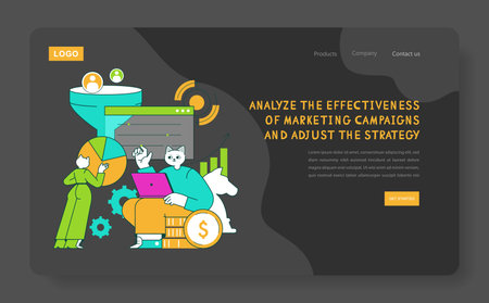 Product marketing analysis illustration. Features a playful representation of individuals analyzing data, emphasizing strategy adjustment in campaigns. Captures teamwork in a modern digital environment. Vector illustration.のイラスト素材