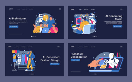 Vector illustration depicts AI integrating into various creative fields. Scenes include brainstorming, music generation, fashion design, and human-AI collaboration, highlighting innovation.のイラスト素材