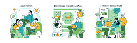 Vector illustration set depicting social support and mental health care scenes. Includes people interacting positively, mental health tools, and a workplace showing stress management.のイラスト素材