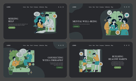 Vector illustration depicting four scenes of mental health support. Individuals engage with therapists and establish healthy habits, promoting positive mental well-being and emotional support.のイラスト素材