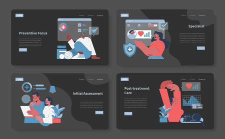 Four vector illustrations depicting healthcare concepts, including preventive focus, specialist consultation, initial assessment, and post-treatment care, using digital interfaces.のイラスト素材