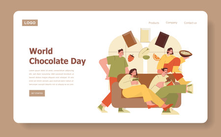 Vector illustration of happy friends enjoying World Chocolate Day. People are sitting on a couch, surrounded by chocolate and fruits, sharing joyful moments and delicious treats.のイラスト素材