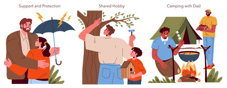 Fathers Day set depicting moments of bonding like support during a storm, shared hobbies, and camping experiences with dad.のイラスト素材