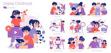 Vector illustration featuring children engaged with digital technology, including VR, tablets, coding, and AI, highlighting a modern educational experience and innovation in learning.のイラスト素材