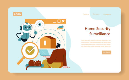 AI home security surveillance is revolutionizing modern safety measures. This illustration shows a person working with technology and a robot as they monitor their home security systems effectively and safely.のイラスト素材