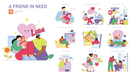 Vector illustration pack highlighting friendship, emotional support, and compassion. Features diverse characters engaging in empathy, kindness, and connection in various scenarios.のイラスト素材