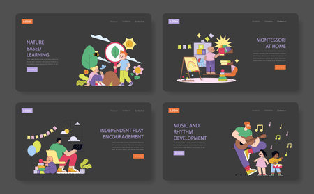 Vector illustration depicting children engaged in nature-based learning, Montessori activities, independent play with a laptop, and music rhythm development. Vibrant and educational.のイラスト素材