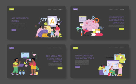 Set of vector illustrations showcasing creative STEM education concepts including art integration, neuroscience strategies, eco-social projects, and online lab tools for learning enhancement.のイラスト素材