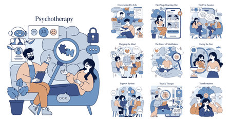 Vector illustration depicting various aspects of psychotherapy, including counseling, mindfulness, overcoming challenges, and personal growth, with engaging visual elements.のイラスト素材