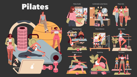 Pilates illustration. The diverse world of Pilates showcases studios, equipment, and various styles, emphasizing fitness routines for wellness. Engaging environments cater to all fitness levels. Vector illustration.のイラスト素材