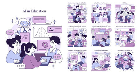 Vector illustration showcasing AI integration in education with diverse learning environments. Features virtual reality, personalized learning, interactive tools, and AI-assisted teaching methods.のイラスト素材