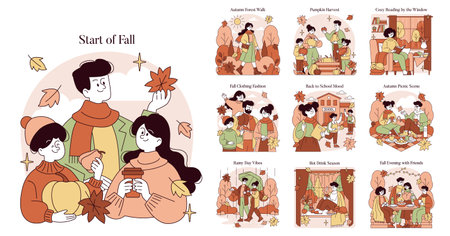 A series of vector illustrations depicting various fall activities. Scenes include autumn walks, pumpkin harvest, cozy reading with hot drinks, and enjoying time with friends and family.のイラスト素材