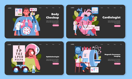 Medical vector illustration set depicting healthcare professionals in various scenarios: body checkup, cardiology, ophthalmology, and MRI scanning. Includes detailed characters and medical themes.のイラスト素材