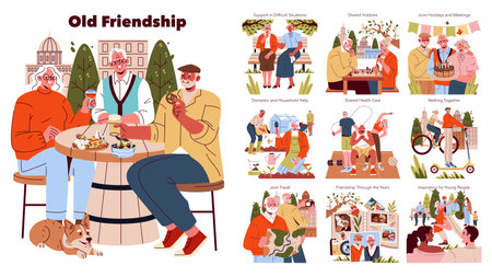 Vector illustration of elderly friends sharing drinks and snacks outdoors, depicting various activities like celebrating, exercising, and offering support, symbolizing enduring friendship.のイラスト素材