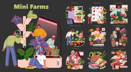 Explore charming mini farms that illustrate urban gardening practices, sustainability, and the beauty of fresh produceのイラスト素材