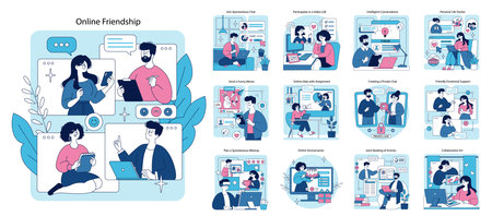 Vector illustration depicts diverse aspects of online friendship and interaction. Scenes include video calls private chats and sharing memes highlighting digital communication emotional sideのイラスト素材