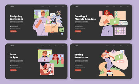 Tomorrow Work set. Modern workspace planning, flexible schedules, connected remote teams, and balancing personal boundaries adapt to evolving work environments for improved productivity. Vector illustration.のイラスト素材