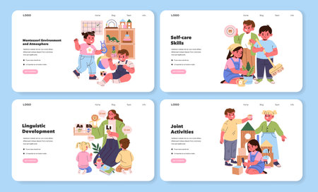Set of vector illustrations showing children engaging in Montessori activities. Emphasis on self-care skills, linguistic development, joint activities, and a Montessori environment.のイラスト素材