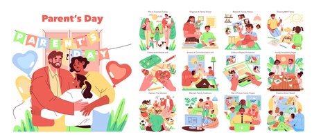 Illustrated guide for celebrating Parents Day with activities like family dinner, DIY gifts, storytelling, and outing. Emphasizes family bonding and shared joy in a vibrant style.のイラスト素材