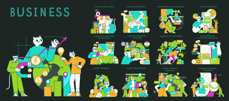 Business Cat concept. An engaging illustration highlights key business strategies like online sales launch, delivery optimization, and technological advancements. The playful cat characters add a whimsical touch. Vector illustration.のイラスト素材