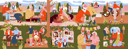 Illustration of seniors engaging in various outdoor activities in a park setting. Includes scenes of dining, cycling, gardening, and celebrating, capturing the joy and vitality of active senior life.のイラスト素材