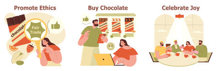 Vector illustration showcasing ethical chocolate promotion, purchasing choices, and joyful celebration. Highlights fair trade awareness, consumer decisions, and shared moments of happiness.のイラスト素材