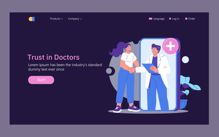 Doctor and patient handshake in digital consultation setting. Vector illustration highlighting trust in doctors, featuring a doctor on a mobile screen with a patient.のイラスト素材