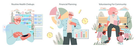 Silver Society set. Modern seniors actively participate in community volunteering, prioritize routine health checkups, and manage financial planning, promoting active senior lifestyles. Vector illustration.のイラスト素材