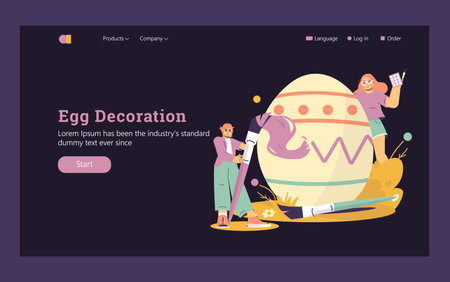 Easter egg decorating landing page with cheerful characters painting a giant Easter egg, creative holiday preparation concept for spring celebration and festive family activity. Vector illustrationのイラスト素材