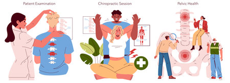 Vector illustration depicting a chiropractic session, patient examination, and pelvic health discussion. Shows diverse people interacting in healthcare settings, focusing on wellness.のイラスト素材