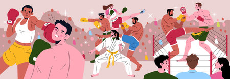 Vector illustration of martial artists and boxers in a dynamic competition, showcasing diverse fighting styles and intense physical engagement in a packed arena.のイラスト素材