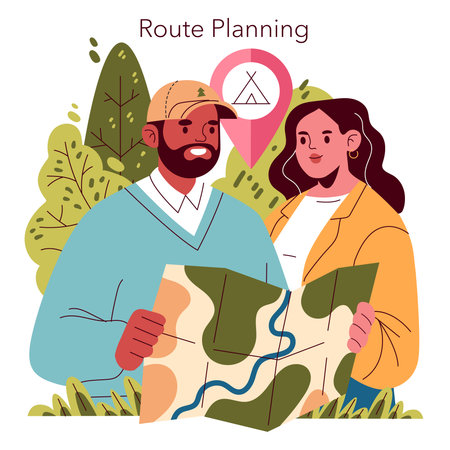 A couple enthusiastically planning their outdoor route together using a detailed map amidst a lush, green settingのイラスト素材