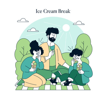 Family Enjoying Ice Cream Outdoors vector illustration. A dad and two kids savor ice cream cones on a sunny day in the park, sitting on a checkered blanket.のイラスト素材