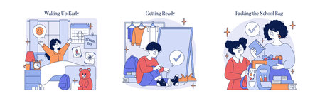 Vector illustrations depicting a childs morning routine, including waking up early with enthusiasm, getting ready with determination, and joyfully packing a school bag.のイラスト素材