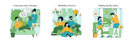 Vector illustration highlighting mental wellness activities such as therapy sessions, mindfulness...