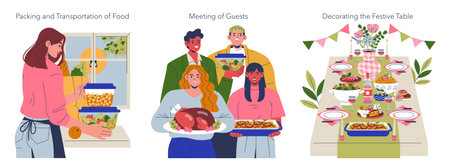 Vector illustration showing three scenes of food preparation for a gathering. A person packs food, a group greets guests with dishes, and a table is decorated with festive items.のイラスト素材